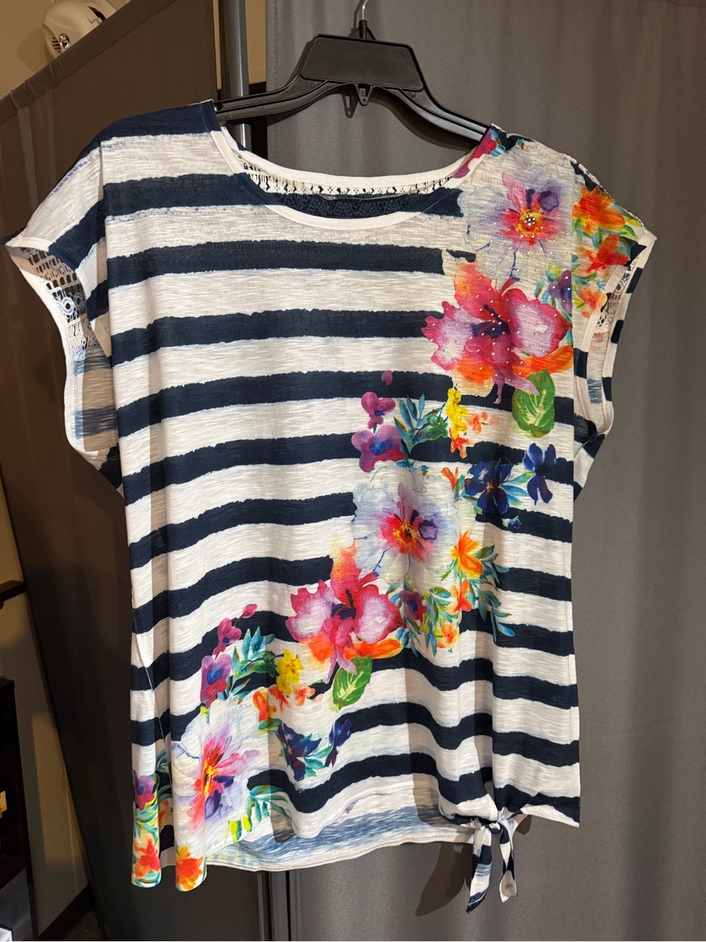 Time and Tru Striped Floral Tie-Hem Women's Top